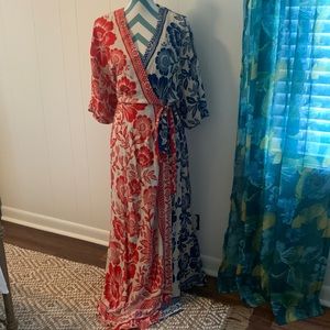 NWT FARM RIO pineapple garden long wrap dress red and blue sz large never worn